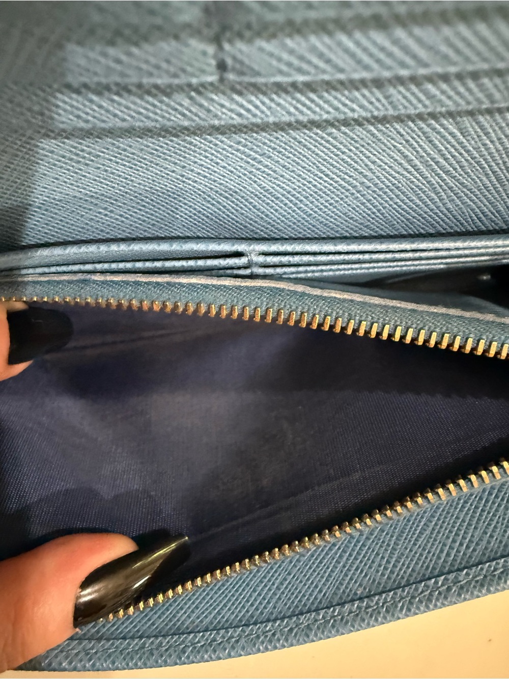 Prada Saffiano Lux Bow Continental Wallet Light Blue Gold Hardware W/ Chain Card - Picture 10 of 16